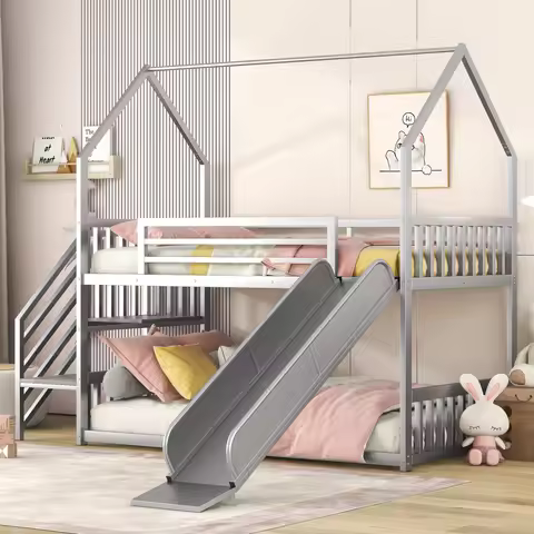 Twin Size Metal Bunk Beds House Bed with Slide and Staircase, Black Bunk Beds with Slide Bunk Beds f