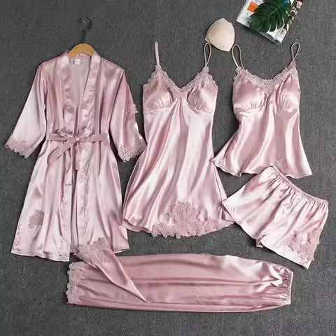 5Pcs Ice Silk Robe Sleep Pajama Set Women's Ventilate Lace Satin Pajamas Gown V-Neck Casual Wear Hom