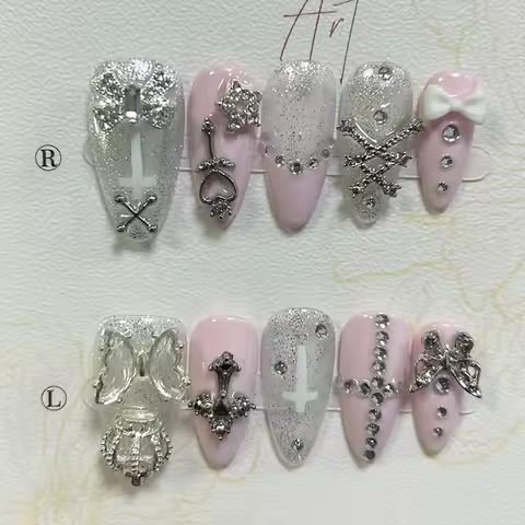 Y2K Cute Gyaru French Almond Handmade Press On Nails 3D Butterfly Star Cross Diamond Fake Nails Pink