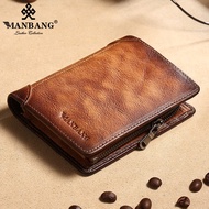[COD] Manbang Men's Wallet Brushed Top Layer Cowhide Coin Pocket Zipper Multiple Card Slots Short Wallet