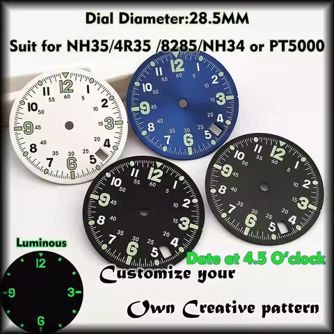 28.5mm watch dial suit for NH35/4R35 /8285/NH34 or PT5000 movement Luminous Numbers Index Chronograp