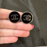 Chanel 圓框雙C Vintage耳環 夾式 黑銀