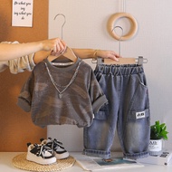 2026 Children Spring Autumn Casual Clothes Suit Kids Long Sleeve O-neck T-Shirt with Necklace+Denim 