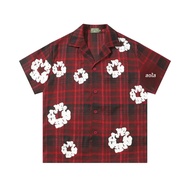 สไตล์อเมริกัน DENIM Tears กางเกงขาสั้นผ้าฝ้ายชุดคู่รูปแบบฤดูร้อนสบายๆผู้ชายไม้ดอกไม้พิมพ์เสื้อยืด