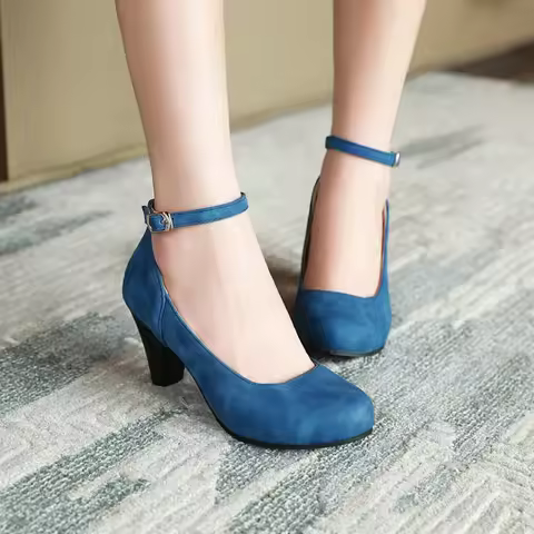 ZawsThia round toe ladies pumps retro female spike thick high heels womens shoes navy blue black mar
