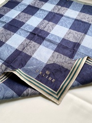 Celine 古董藍色格紋緹花織紋棉質手帕袋巾