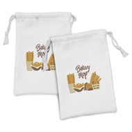 Ambesonne Pastry Fabric Pouch Set of 2, Bakery Shop Theme with Croissant Pretzel Bread Eating Muffin