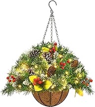 Artificial Christmas Hanging Basket, Decorated with Frosted Pine Cones, Berry Clusters, White LED Lights, Outdoor Decorations for Front Porch Door Wall Window Lawn Yard Garden Xmas Decor, 20 Inches