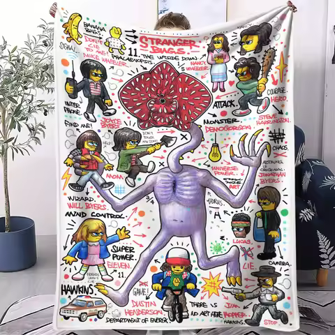 Stranger Things Lego Graffiti Full Cast Easter Egg Blanket Soft Flannel Throw Bedroom Decor Warm Gif