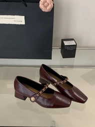 Mary Jane Womens Slip-On Low Heel Square Head Black Shoes สําหรับฤดูใบไม้ผลิฤดูร้อนชุดลําลองพร้อมกระ