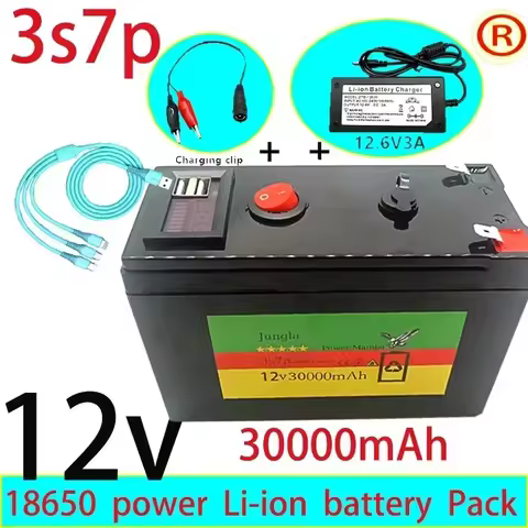 New 12V 30000mAh 3S7P 18650 Lithium Battery Pack+12.6V 3A Charger, USB Charge Built-in 30Ah High Cur