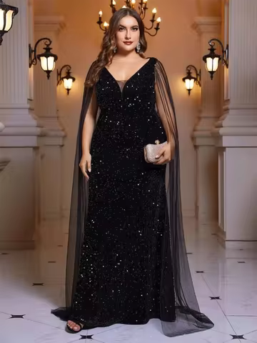 Plus Size Off-Shoulder Mesh Shawl Stretch Sequin Black Long Evening Dress 5xl 6xl Big Size Sleeveles