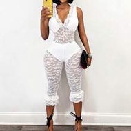 Women's Sheer Lace Jumpsuit White Summer 70's Club Night Party Disco Slim Fit Backless Sleeveless Ru