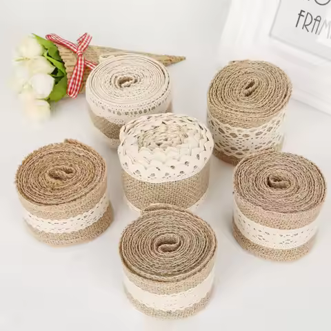 2M/lot Width 5cm/6cm Ivory Color Natural Jute Rolls Burlap Hessian Ribbons with Cotton Lace For DIY 