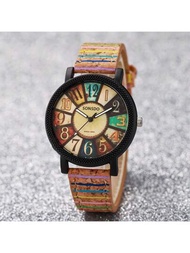 流行的木質設計女士手錶,帶旋轉錶盤,古董條紋紋路皮革錶帶,非常適合當做學生禮物
