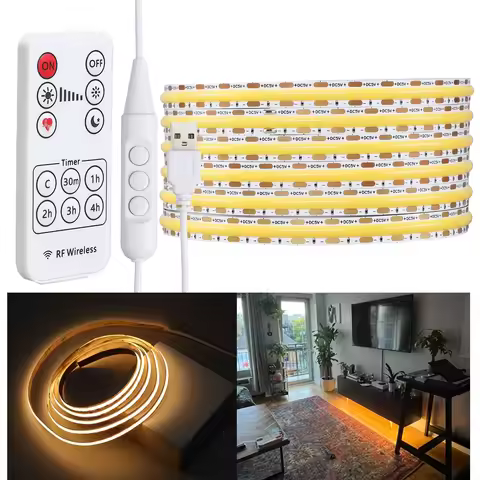 Remote Control DC5V USB COB LED Light Strip Linear Dimmable 8mm 480leds/m RA90 Flexible 3000K