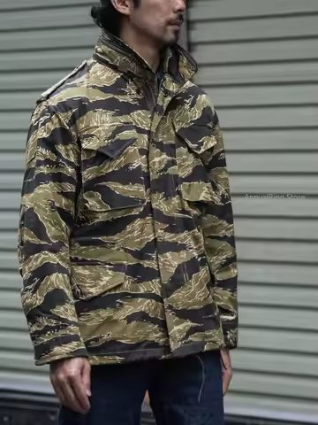 Rugged Bronson JWD Tiger Camo M-65 Field Jacket Vintage Military-Inspired Cotton Combat Coat