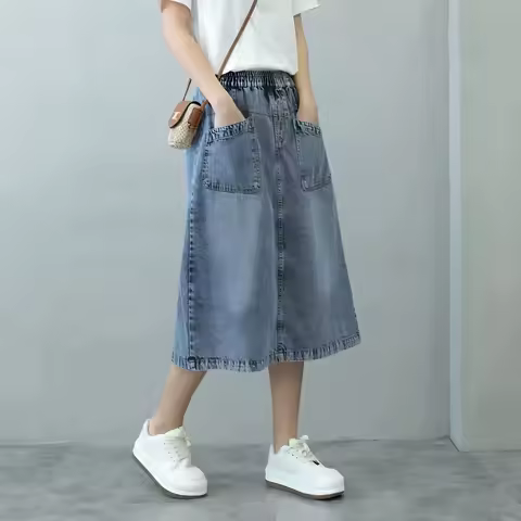 Women Elastic Waist Denim Midi Skirt Vintage Washed Big Pockets Loose A Line Jean Skirt