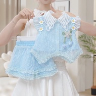 2025 Girls Pink Lace Sleeveless Top Shorts Tulip Suit Two-Piece Set SA30167