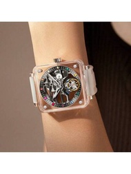 時尚機械手錶,白色錶帶搭配彩色鑽石