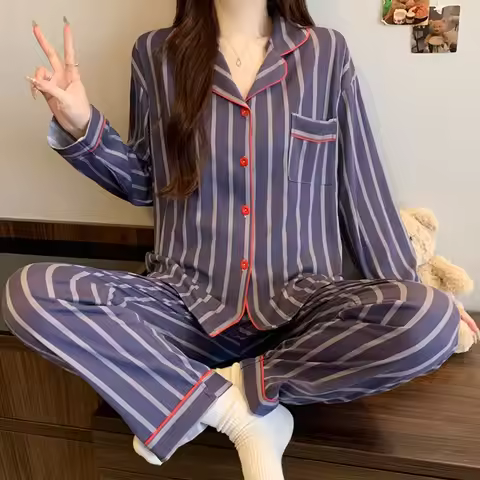 Women's Pajamas Sets Autumn Winter 2 Piece Striped Pyjama Luxury French Sleepwear Long Sleeve Button