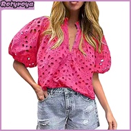 Women Shirt Stand Collar V-Neck Puff Short Sleeve Shirt Hollow Embroidered Flower Pattern Lace Blous
