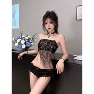 Light Asian Style Wear Black OOTD Niche Sequined Gauze Top Inner Tube Top Denim Ultra Short 70626