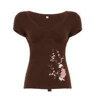 Amyway Vintage Floral French Retro Rose Short Sleeve T-Shirt Waist Cinched Spicy Girl V-Neck Top Str