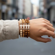 4Pcs Vintage Wood Cross Bracelet for Men Woman Handmade Beads Elastic Wristband Gift Jewelry