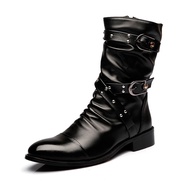 SUPERLI Winter Men MotorcycleFashion Mid-Calf PUNK ROCK Punk Shoes Men Leather PU Black High top Boo