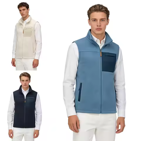 #L-4XL Men Golf Fleece Vest Stand Collar Sleeveless Zipper Jacket with Zip-Up Pockets for Golfing Ou