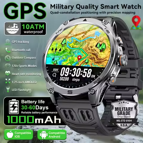 2026 New Military Dual-band GPS Sports SmartWatch 1000mAh Battery 1.75-Inch AMOLED Screen 10ATM Wate