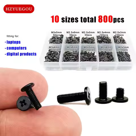 800pcs/box Laptop Computer Screw Bolt M2 M2.5 M3 Black Phillips Cross Ultra Thin Flat Wafer Head Mix