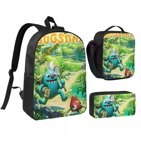 Bugsnax Game Poster Backpack Boys Girls BookBag School Bag Shoulder Bags 3ps Insulated Lunch Bag Pen