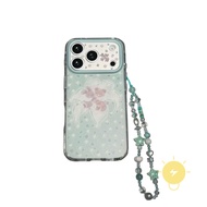 Casing For iPhone 15 Chain TPU Mint Green Bear Mint Green Lily Phone Case Cover 手机壳 Aesthetic Korean
