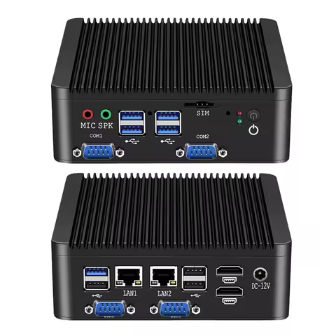 Fanless Mini PC Intel Pentium J5005 Processor 4x COM RS485 RS232 2xHDMI 8xUSB SIM Slot LVDS GPIO TPM