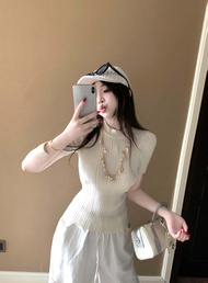 Áo Thun Dệt Kim Tay Ngắn Ôm Vừa Vặn Jennie Old Money Ice Linen round Neck Short Sleeve Knitted Slim