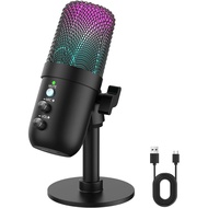 Mikrofon USB, Mikrofon Kondensor Komputer dengan Pembatalan Bunyi, Mod Gema, Pencahayaan RGB, Butang