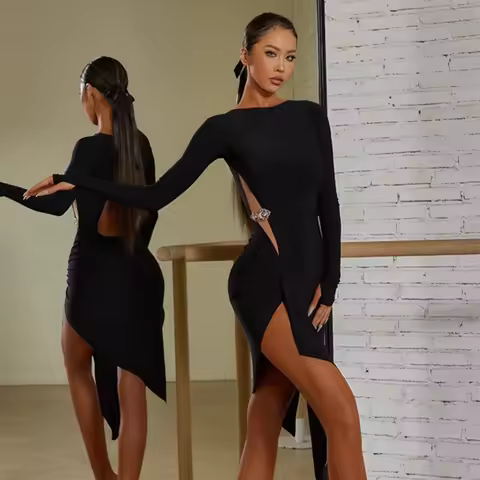 Black Irregular Long Sleeves Latin Dance Dress Women Latin Dance Performance Clothes Rumba Chacha Sa