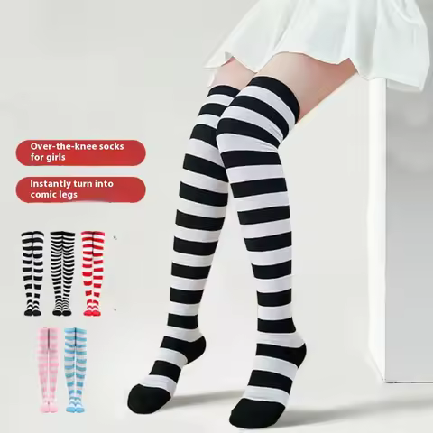 Womens Striped Thigh High Stockings Ladies Girls Black White Pink Long Over Above Knee Socks Femboy