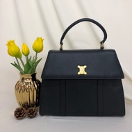 CELINE Vintage Triomphe Logo Full Textured Black Calfskin Handbag - GHW