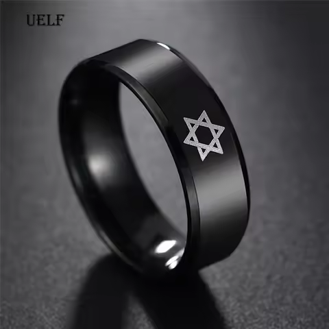 Uelf Fashion Black Stainless Steel Pentagram David Star Ring Men Women Wedding Band Bridal Metal Sup