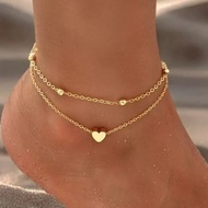 Gold Double Layer Heart Anklet for Woman - Non Tarnish Beach Foot Bracelet, Trendy Beach Accessories