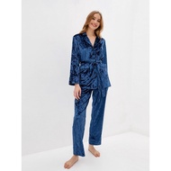 ☂✌Hiloc Long Sleeve Blue Velvet Pajama Double Pockets Knit Home Suit For Women Sleepwear Single Brea