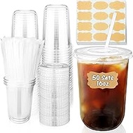 50 Sets Clear Plastic Cups with Lids and Straws, 16oz Round Bottom Disposable Ice Coffee Cups, PET T