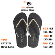 Sandal Jepit Karet Wanita Sun Swallow Crystal Hitam Tali Glitter Emas Rose Gold