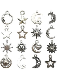 16入組復古裝飾月亮星星太陽笑臉DIY首飾配件適用於手環項鍊鑰匙圈耳環