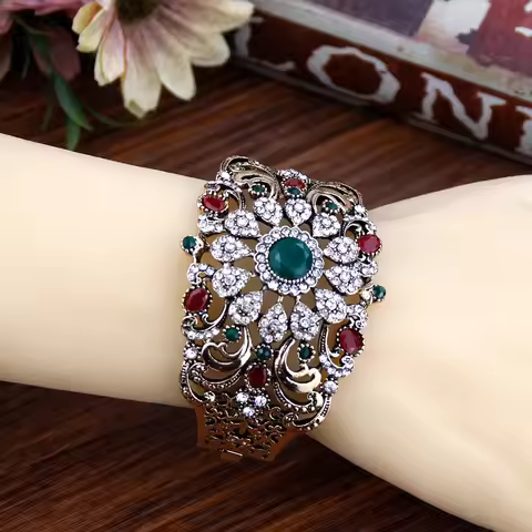 Sunspicems Vintage Indian Turkish Bangle Cuff Bracelet For Women Antique Gold Color Crystal Bohemia 