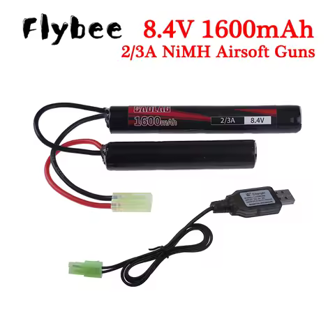 2/3A 8.4v 1600mAh Butterfly Nunchuck NIMH Battery Pack with USB Charger for Airsoft Guns M110, SR25,