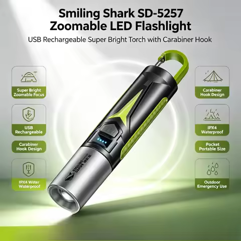 Portable Zoomable LED Flashlight Smiling Shark SD-5257 USB Rechargeable Super Bright Hand Torch with